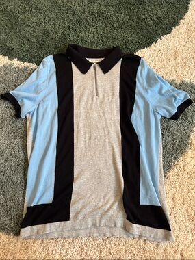 Open Edit Men's Colorblock Zip Polo Shirt - Light Blue/Gray/Black